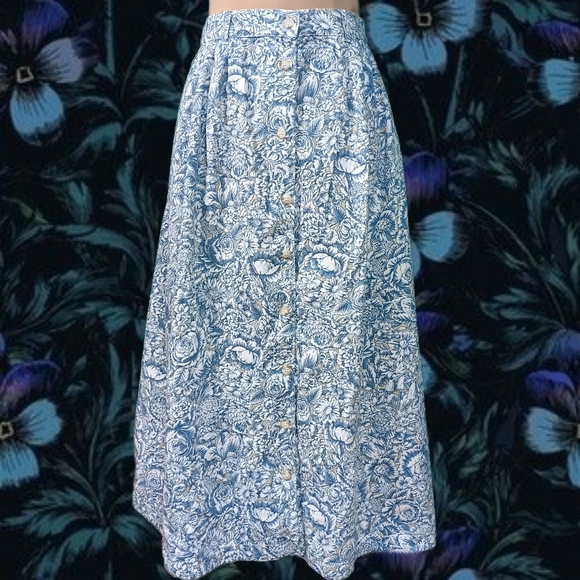Vintage Dresses & Skirts - Vintage 90s Gotcha Covered Sz 14 Blue Beige Floral Denim Skirt Cottage Prairie